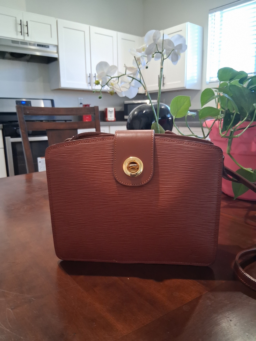Structured Brown Shoulder Bag with Gold-Tone Turn Lock